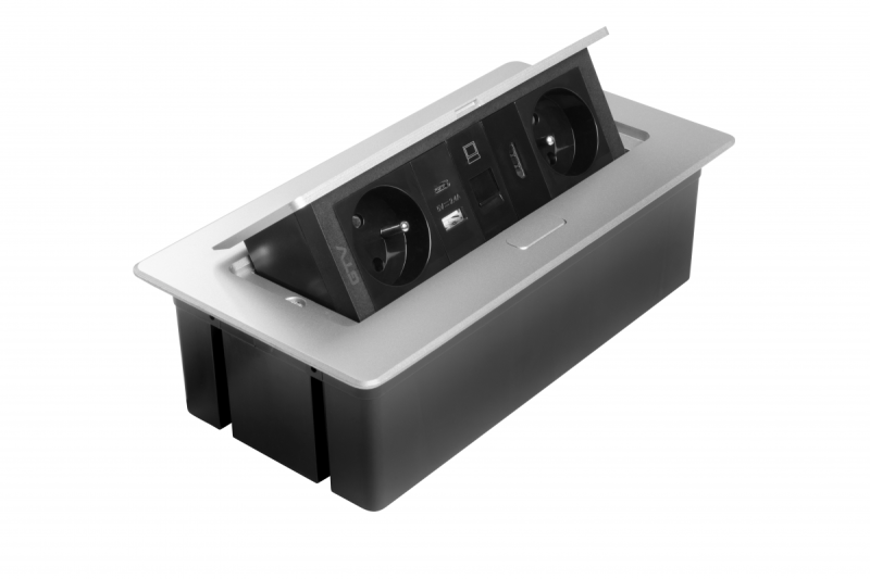 Πολυπρίζα MULTISOFT επίπλων 2x Πρίζα με γείωση, USB A+C, RJ45, HDMI, Καλώδιο ρεύματος με βύσμα, Αλουμίνιο