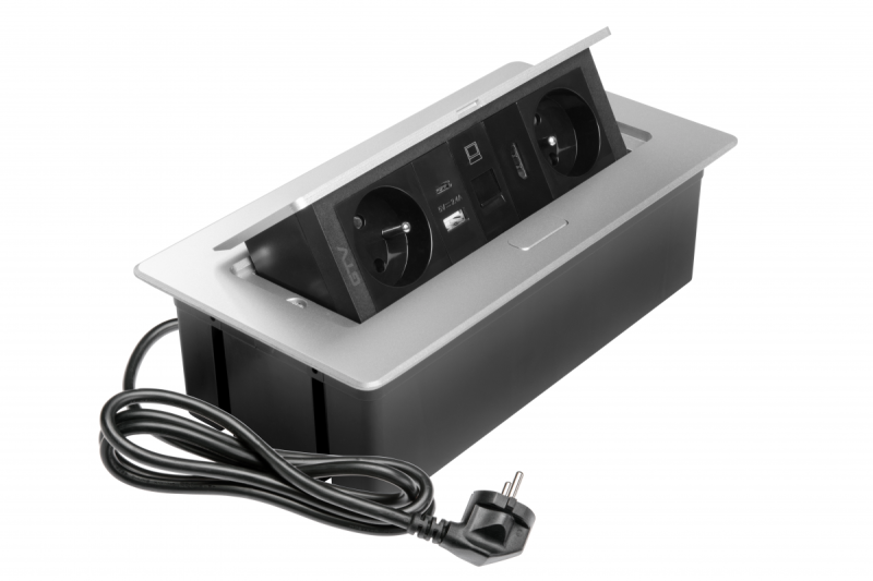 Πολυπρίζα MULTISOFT επίπλων 2x Πρίζα με γείωση, USB A+C, RJ45, HDMI, Καλώδιο ρεύματος με βύσμα, Αλουμίνιο