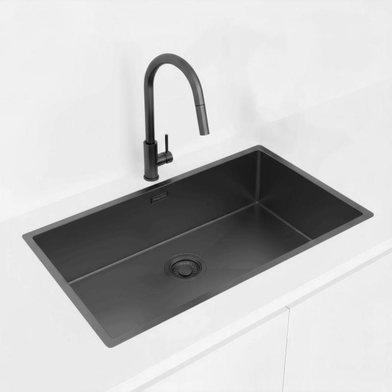 Pure.Sink Luxion Μεγάλο μαύρο νεροχύτη PVD 74x40 cm για εγκατάσταση κάτω από πάγκο, επίπεδη εγκατάσταση και επιφανειακή εγκατάσταση PLX7440-63