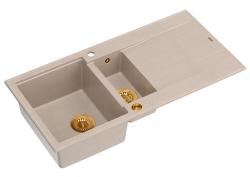 Quadri Luton μαργαριταρένιο μπεζ γρανίτη επιφανειακό νεροχύτη 1,5 με επιφάνεια στράγγισης αναστρέψιμο 100x50cm με χάλκινο πώμα 1208971792