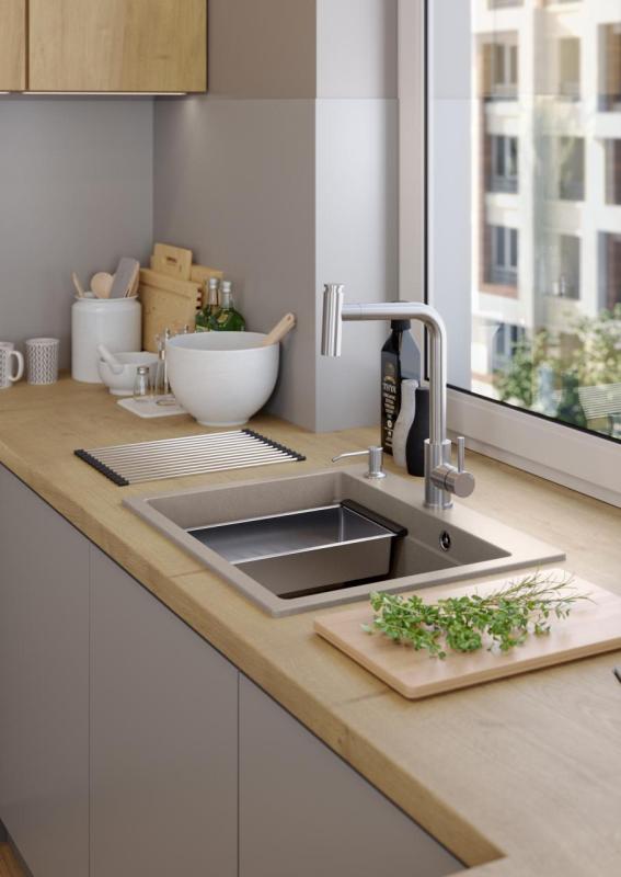 Quadri Durham Pearl Beige γρανίτης επιφάνειας νεροχύτη 595x500 με διανομέα σαπουνιού, πίνακα κοπής, εσωτερικό νεροχύτη και ρολό ματ 1208971814