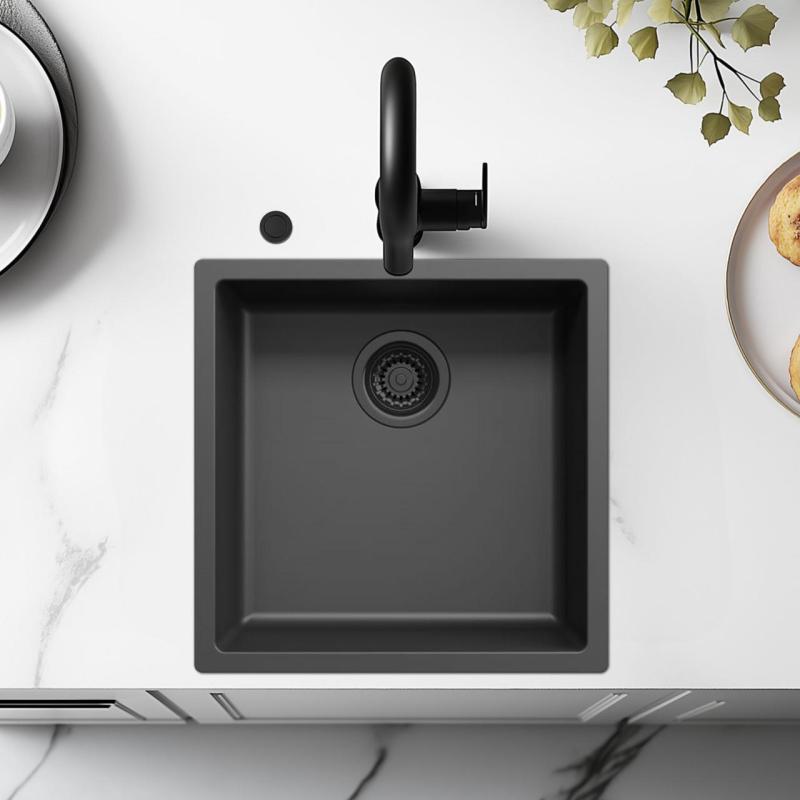 Νεροχύτης Ausmann Fibre μαύρος 40x40cm εντοιχιζόμενος, επιφανειακός και επίπεδος με αυτόματη μαύρη βύσμα 1208971851