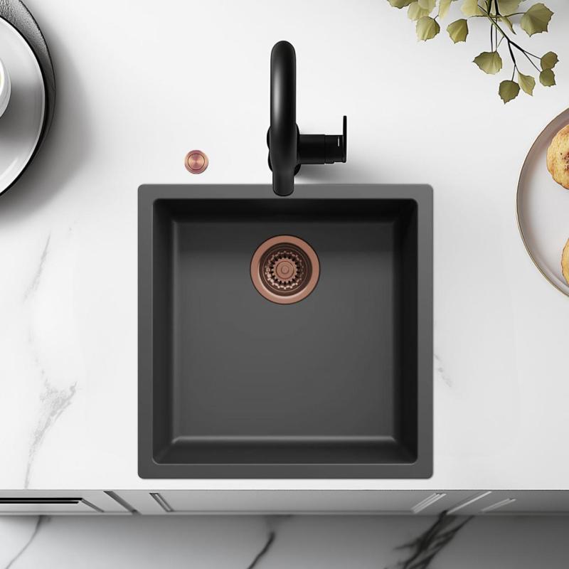 Ausmann Fibre μαύρος νεροχύτης 40x40εκ. κάτω από τον πάγκο, επάνω και επίπεδη εγκατάσταση με αυτόματη χάλκινη βύσμα 1208971852