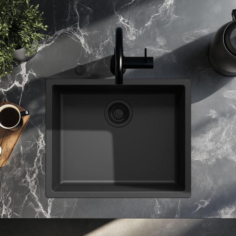 Νεροχύτης Ausmann Fibre μαύρος 50x40cm για επιφανειακή, εντοιχισμένη και επίπεδη εγκατάσταση με αυτόματο μαύρο φίλτρο 1208971856