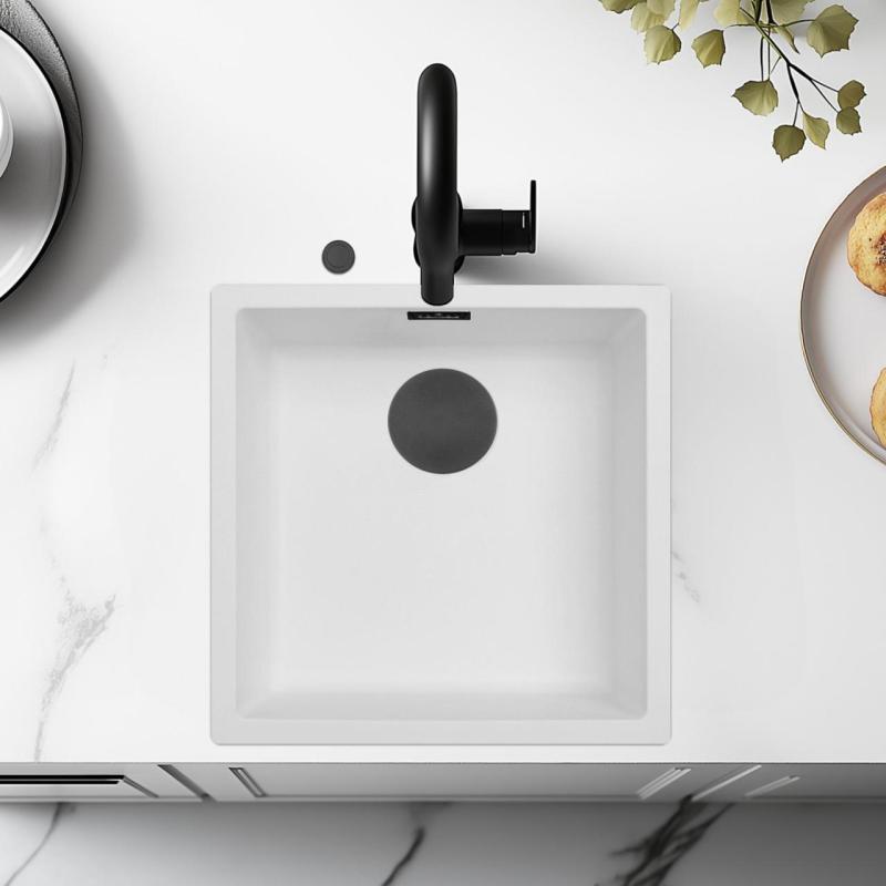 Ausmann ίνα λευκό νεροχύτη 40x40cm για κάτω, πάνω και επίπεδη εγκατάσταση με αυτόματο μαύρο φραγμό 1208971892