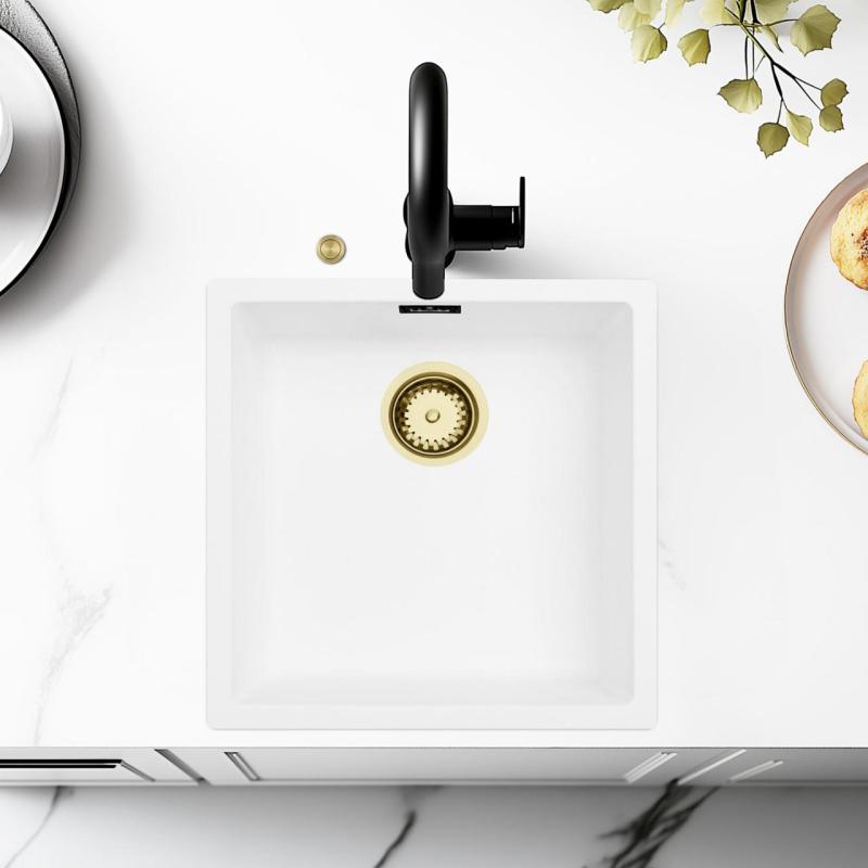 Ausmann Fibre λευκός νεροχύτης 40x40cm εντοιχισμένος, επιφανειακός και επίπεδος εντοιχισμός με αυτόματη χρυσή βύσμα 1208971894