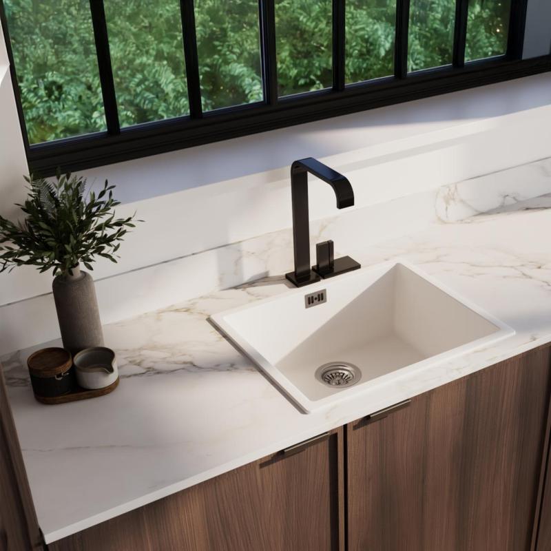 Νεροχύτης Ausmann Fibre λευκός 50x40cm υποδομής, επικαθήμενος και επίπεδης ενσωμάτωσης με αυτόματη ανοξείδωτη πρίζα 1208971898