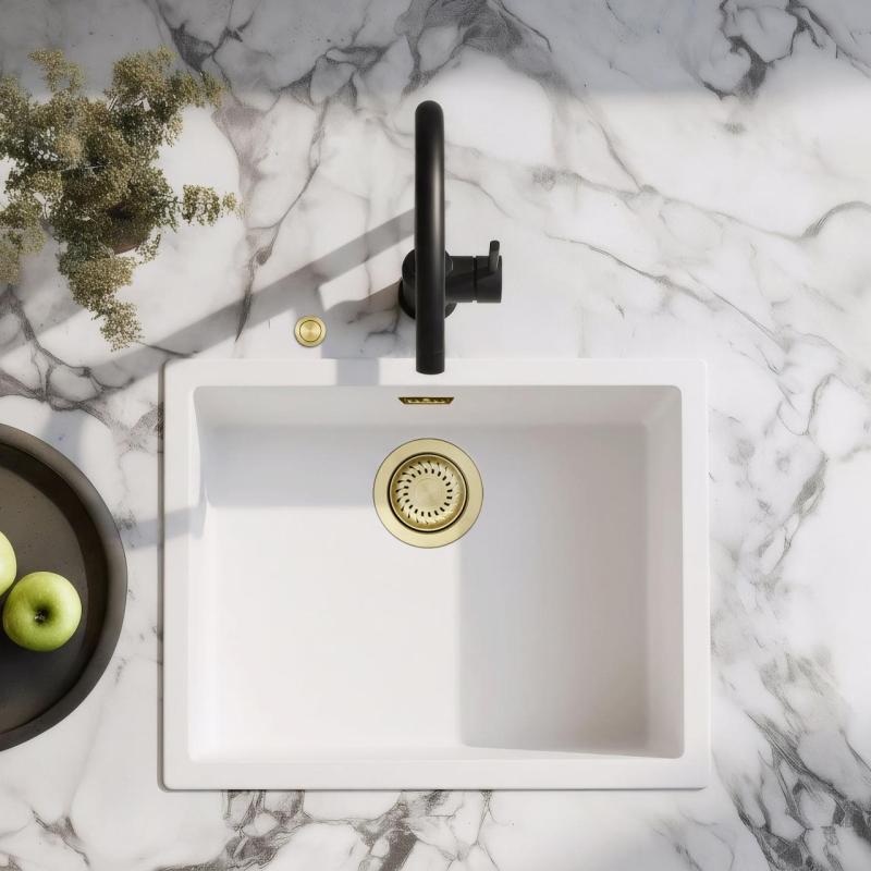 Ausmann Fibre λευκό νεροχύτη 50x40cm εντοιχιζόμενο, επικαθήμενο και επιφανειακό με αυτόματη χρυσή βύσμα 1208971901