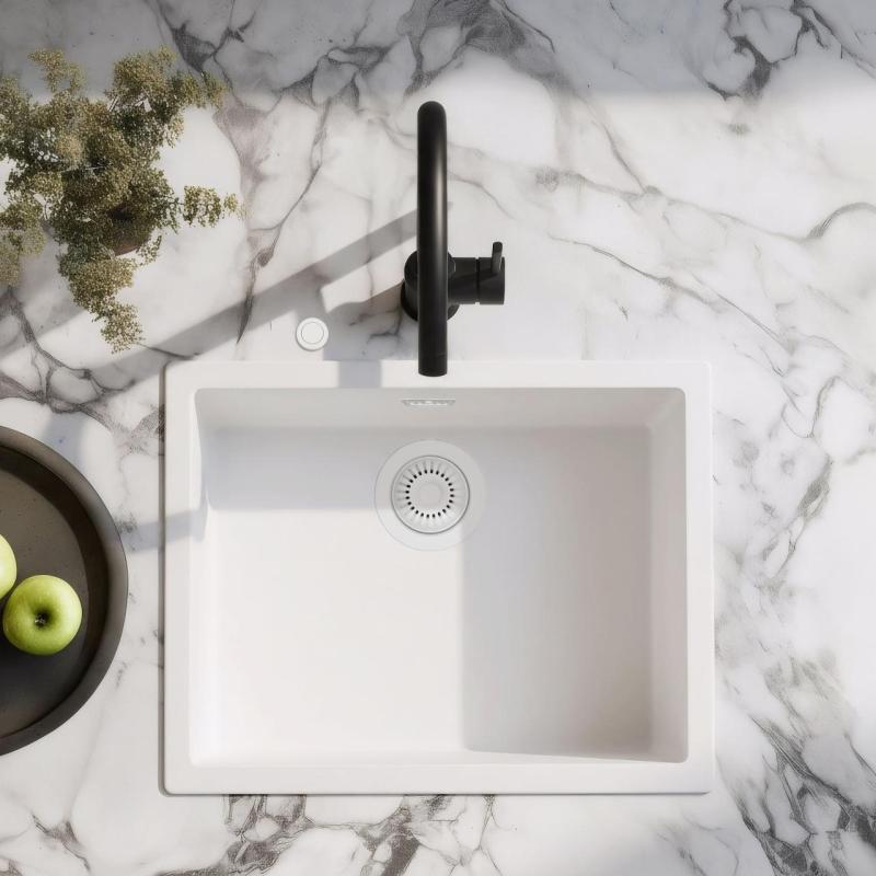 Ausmann Fibre λευκός νεροχύτης 50x40cm εντοιχισμένος, επιφανειακός και επίπεδη ενσωμάτωση με αυτόματη λευκή βύσμα 1208971903