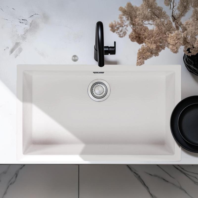 Ausmann Ίνα λευκό μεγάλο νεροχύτη 70x40cm υποδομής, επιφάνειας και επιφανειακής τοποθέτησης με αυτόματο ανοξείδωτο πρίζα 1208971904