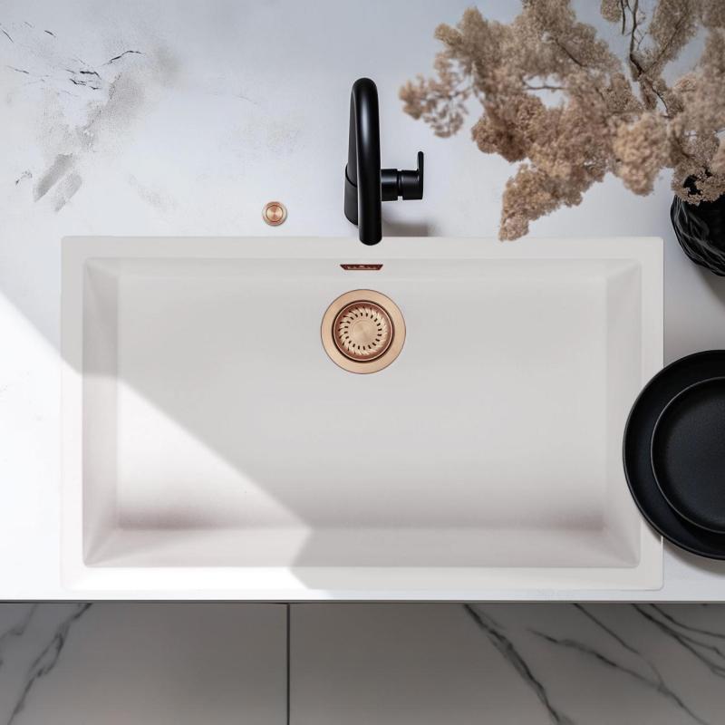 Ausmann Fibre λευκό μεγάλο νεροχύτη 70x40cm εντοιχισμένο, επιτραπέζιο και επιφανειακή εγκατάσταση με αυτόματη χάλκινη βύσμα 1208971906