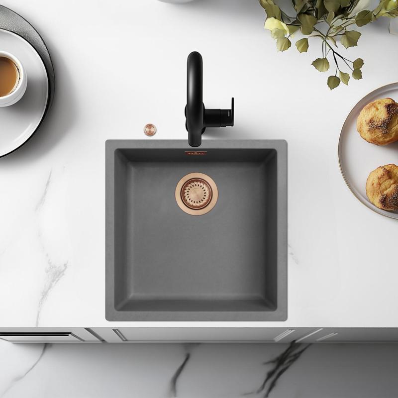 Ausmann Fibre τσιμεντένιο γκρί νεροχύτης 40x40cm εντοιχιζόμενος, επικαθήμενος και επίπεδης τοποθέτησης με αυτόματη χάλκινη βύσμα 1208971912