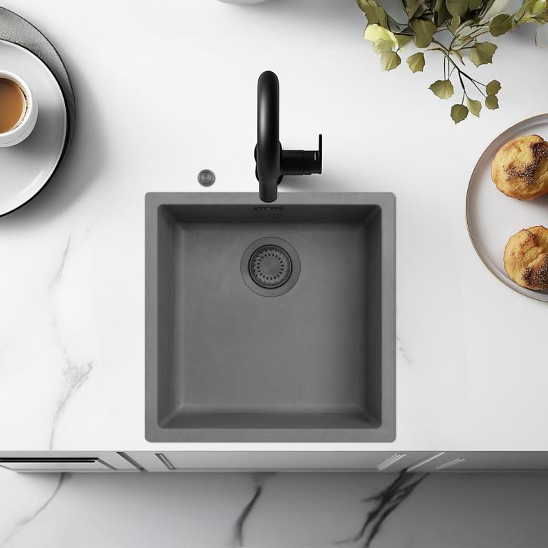 Ausmann Fibre τσιμεντένιος γκρι νεροχύτης 40x40cm εντοιχιζόμενος, επιτοίχιος και επιφανειακή τοποθέτηση με αυτόματη υποδοχή gun metal 1208971914