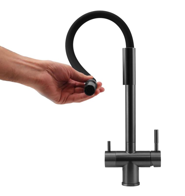 Pure.Sink Elite Steel Flex 3-δρόμος PVD gun metal κουζινική βρύση με ευέλικτη αποχέτευση και Φιλτραρισμένο Νερό PS8110-61