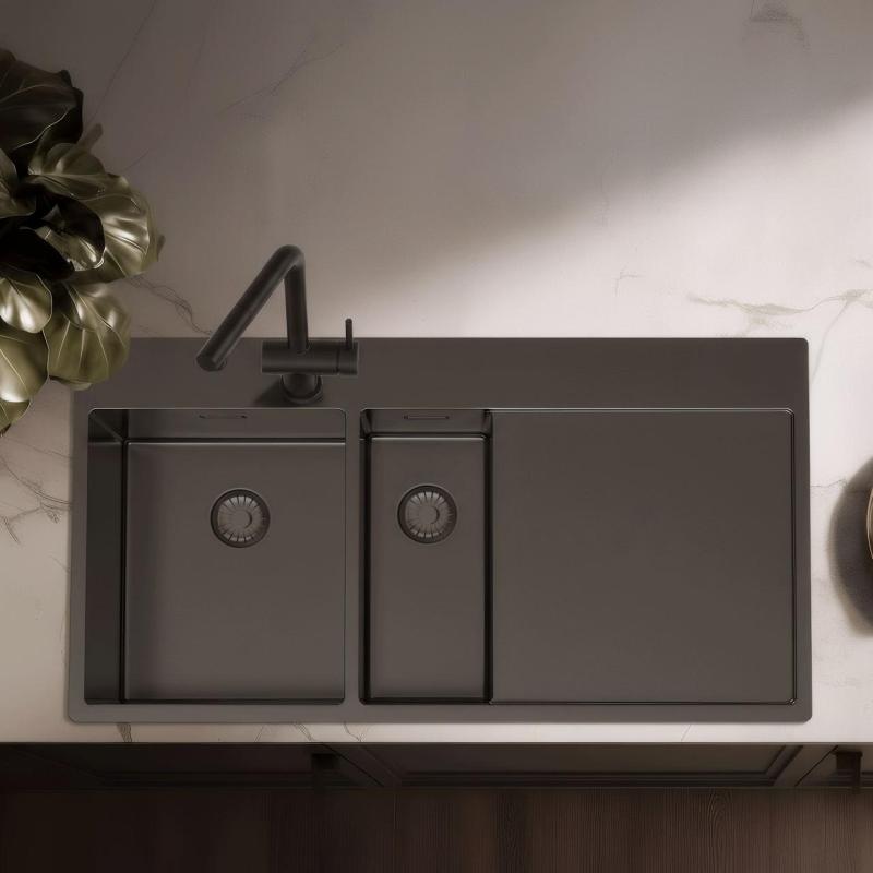 Pure.Sink Exclusivo Gun metal 1,5  νεροχύτης με αποστραγγιστικό 100x52 cm Βρύση αριστερά PEX3418100LT-61