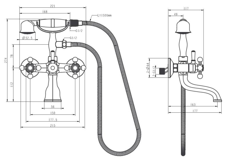 Aquanello Heritage Ascot Κλασική επιτοίχια βρύση μπάνιου με κουμπιά σε σχήμα αστεριού, χάλκινη, με χειροκίνητο ντους BN-3002-HA