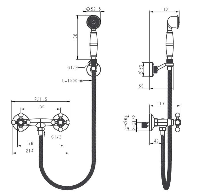 Aquanello Heritage Ascot Κλασικό σετ ντουζιέρας με κουμπιά σε σχήμα αστεριού, χρώμιο, συμπεριλαμβανομένου χειροκίνητου ντους CR-2002-HA
