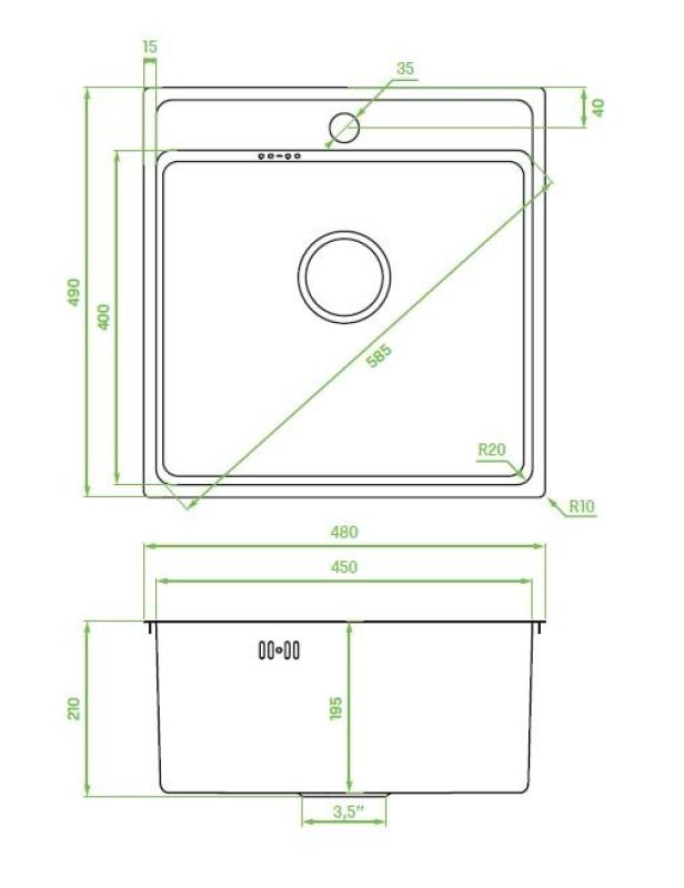 Aquadesign Plana Επιχρωμιωμένο νεροχύτη 48x49 cm με οπή για βρύση, συμπεριλαμβανομένου σιφονιού και πώματος αποστράγγισης Clickclack 1208972559